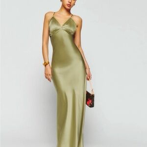 Reformation Maysen Silk Dress in Olive Oil
